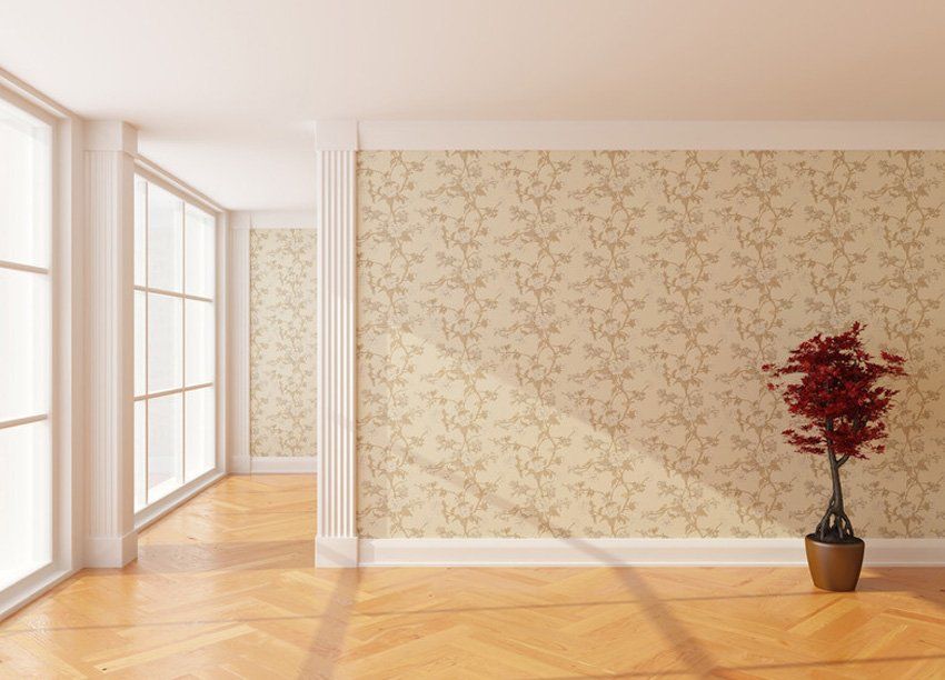 Patterned wall paper and wooden floors