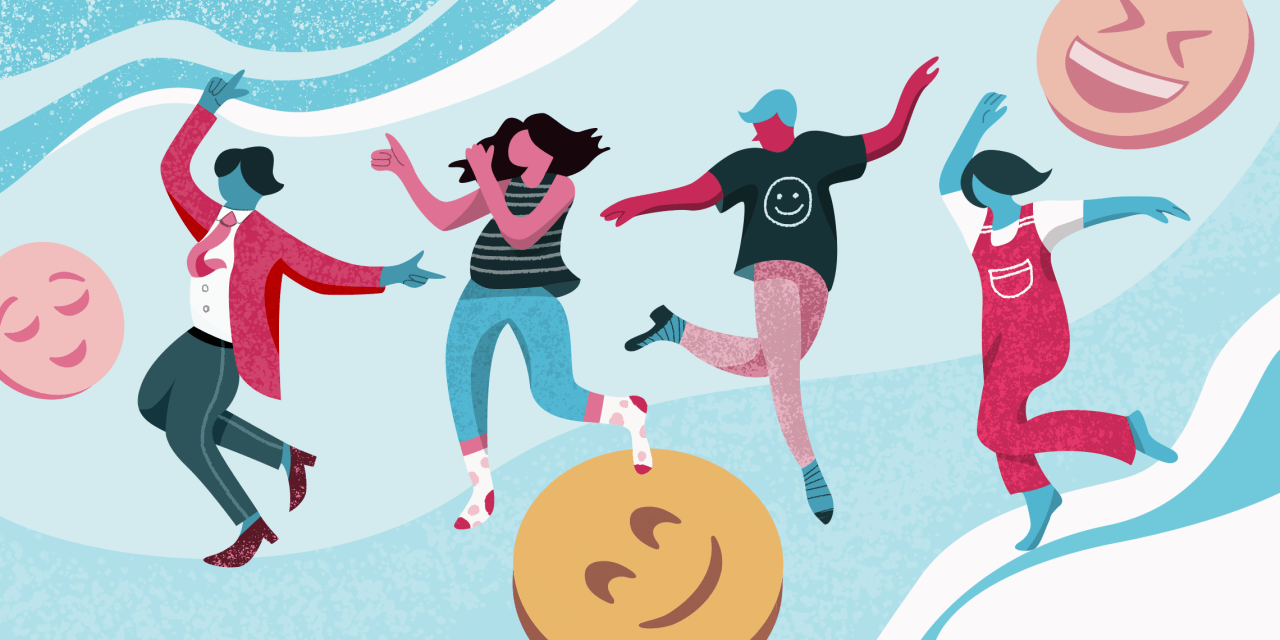 Personas bailando con ropa colorida y caras de emojis sonrientes sobre un fondo azul ondulado.