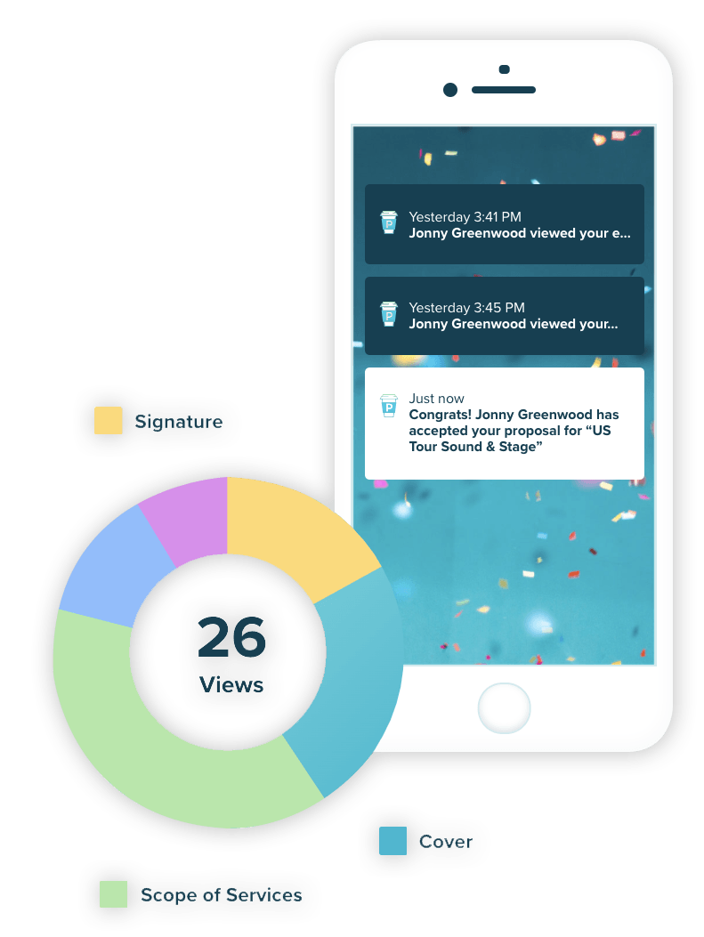 Smartphone que muestra una pantalla de aplicación de color turquesa con notificaciones junto a un gráfico circular.