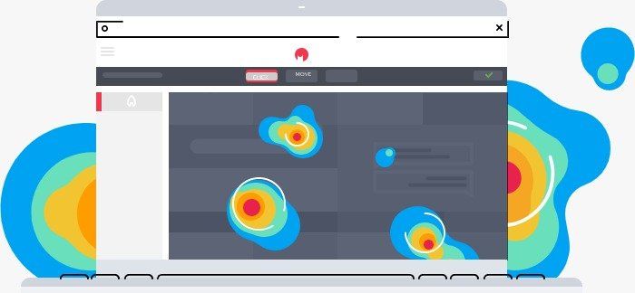 Superposición de mapa de calor en el panel de control de un sitio web, que muestra puntos de clic de colores en azul.