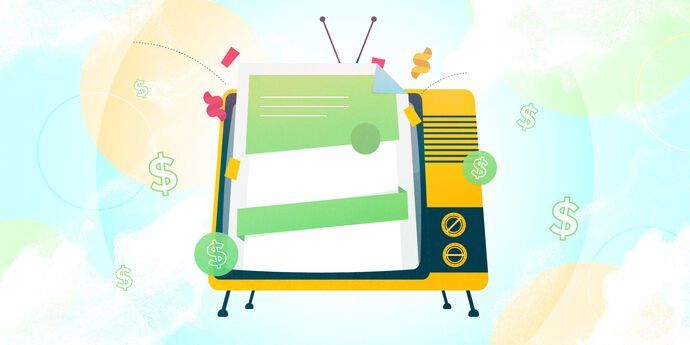 Ilustración de un terminal de pago con un recibo y símbolos de dólar flotantes sobre un fondo azul.