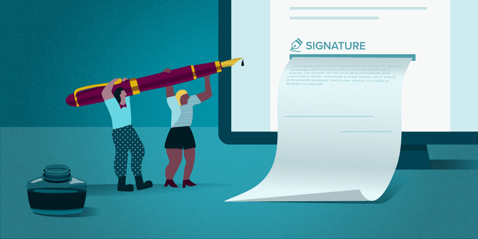 Dos personas llevan un bolígrafo gigante hacia una línea de firma en la pantalla de un documento.