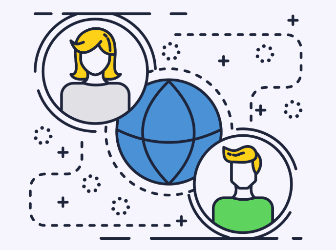 Dos iconos de perfil conectados alrededor de un globo azul, con líneas de red punteadas y signos de suma.