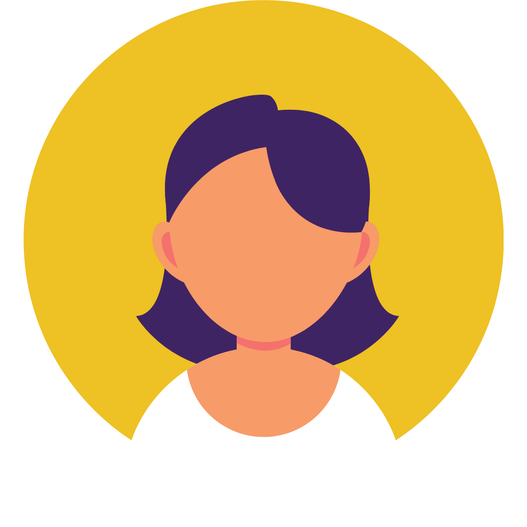 Avatar estilizado con cabello morado oscuro sobre un fondo amarillo, vistiendo una camisa blanca.
