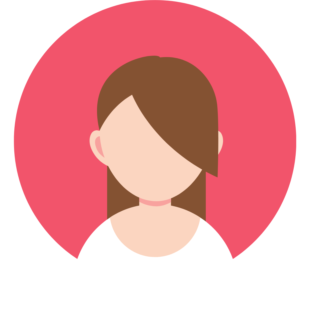 Avatar estilizado sobre un fondo circular rosa con cabello castaño y una camisa blanca.