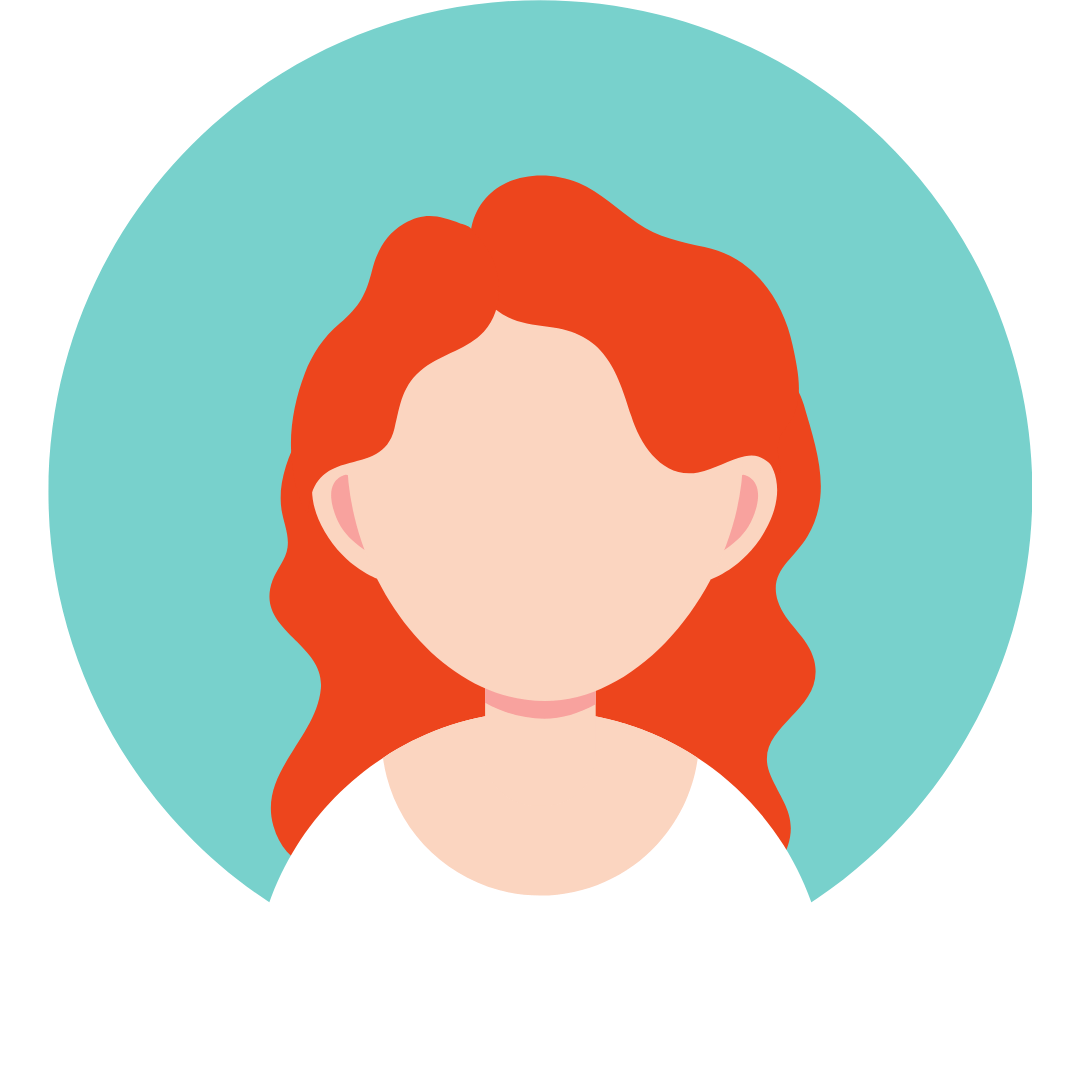 Avatar ilustrado con cabello rojo sobre un fondo circular color turquesa.
