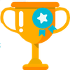Trofeo de oro con medalla de estrella azul e insignias con icono de signo de exclamación sobre fondo blanco.
