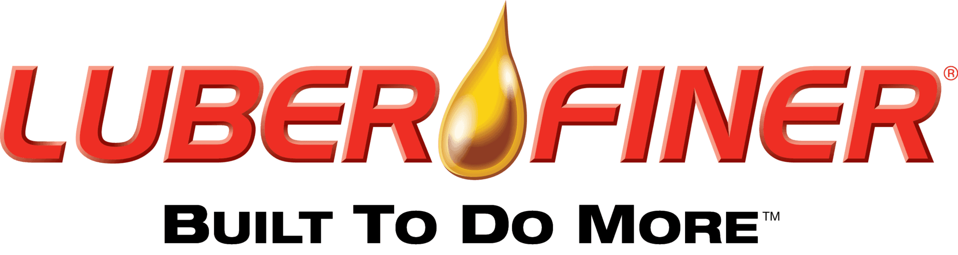 Logo for Luber-finer: red text, a yellow oil drop, and the tagline
