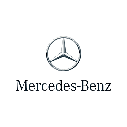 Mercedes-Benz logo: Silver three-pointed star inside a silver circle, with the brand name below.