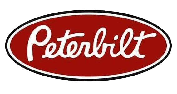 Peterbilt logo: White script text on red oval, black border.