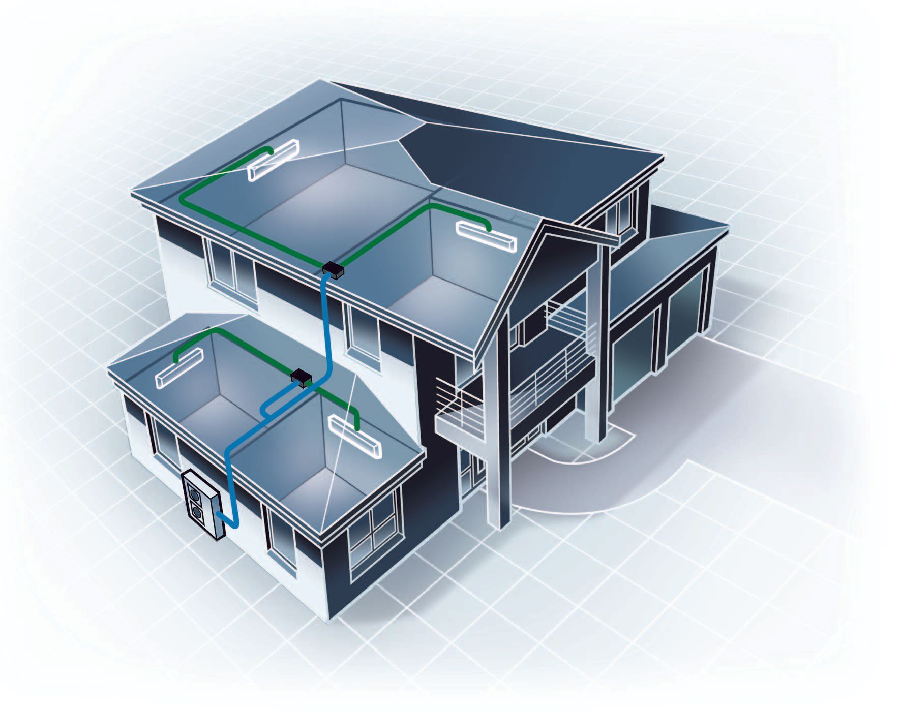 A 3d model of a house with a lot of windows