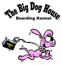 The Big Dog House Boarding Kennel logo with a pink running dog pulling a black luggage tag