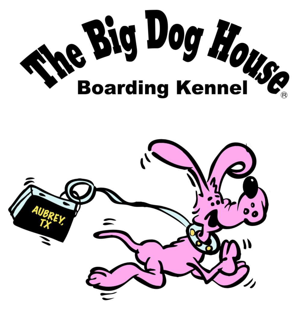 The Big Dog House Boarding Kennel logo with a pink running dog pulling a black luggage tag