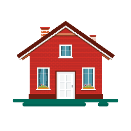 Red brick house with white door and windows, two chimneys, and a brown roof.