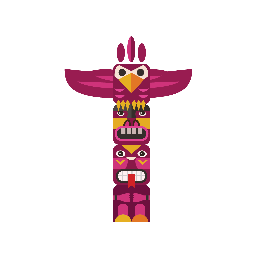 Colorful totem pole with bird and face carvings.