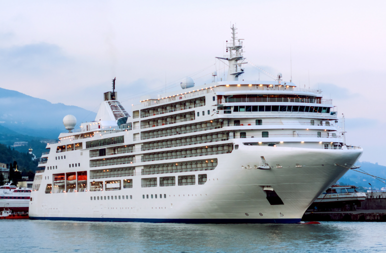 Large white cruise ship docked at a harbor with mountains in the background