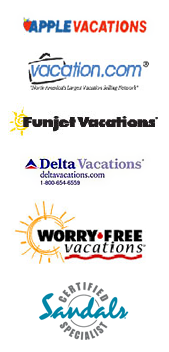 Logo collage of Apple Vacations, Vacations.com, Funjet Vacations, Delta Vacations, Worry-Free Vacations, and Sandals