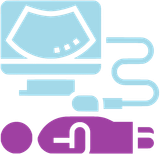 A blue and purple icon of an ultrasound machine and a person.