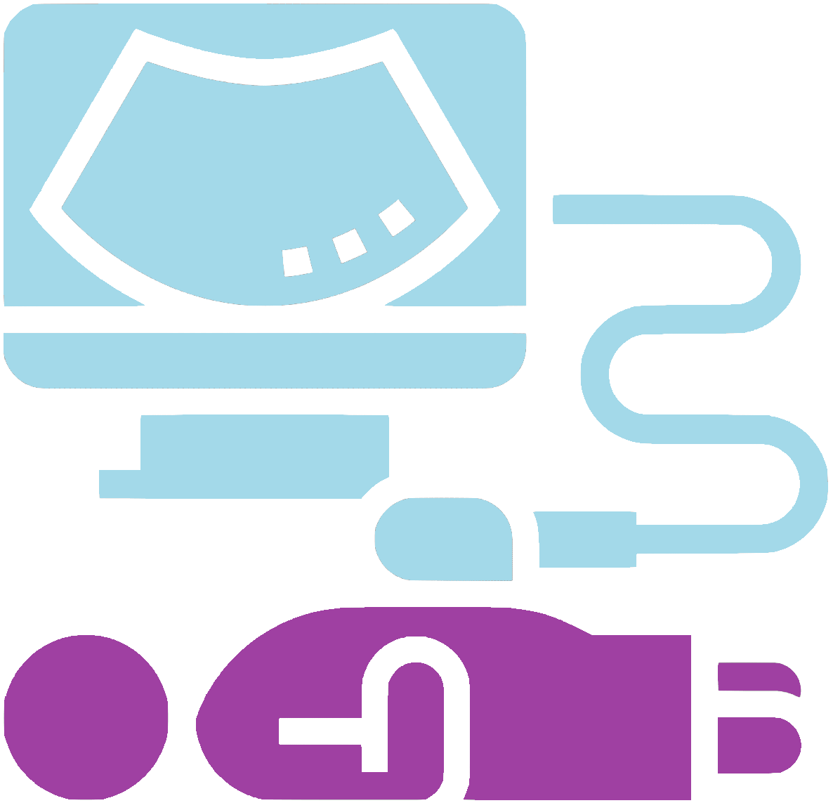 A blue and purple icon of an ultrasound machine and a person.