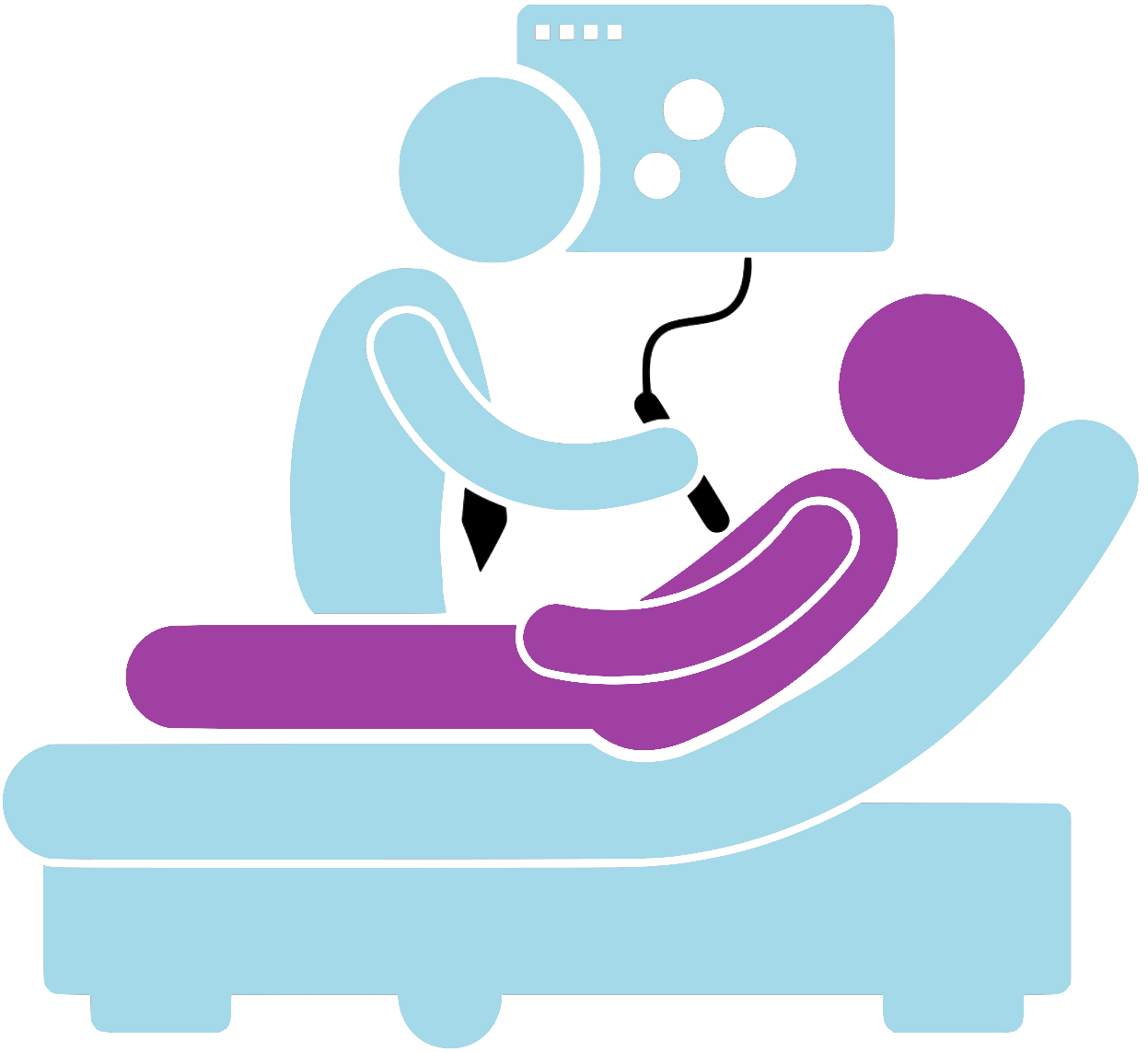 A doctor is examining a patient in a hospital bed.
