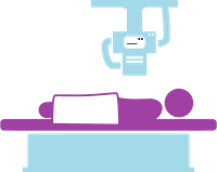 A person is laying on a bed under an x-ray machine.
