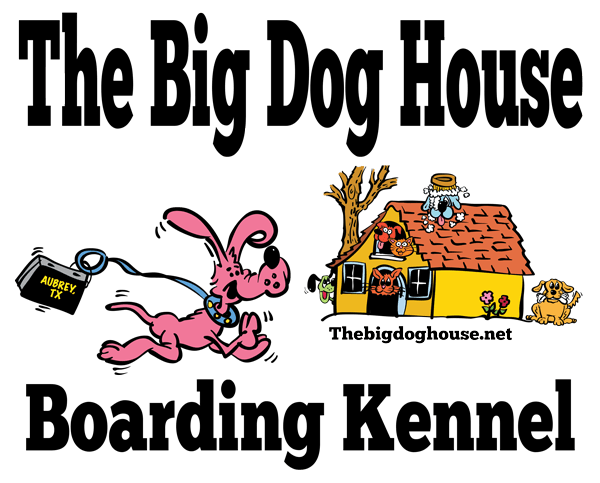 The Big Dog House Boarding Kennel logo with a pink dog and a doghouse