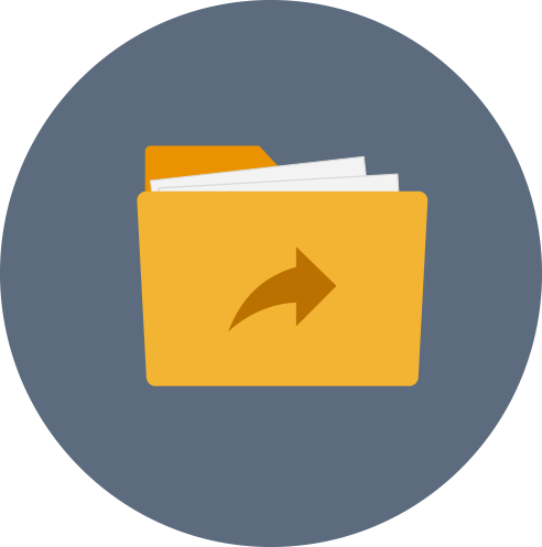 Yellow folder with an orange share arrow, papers inside, on a dark blue background.