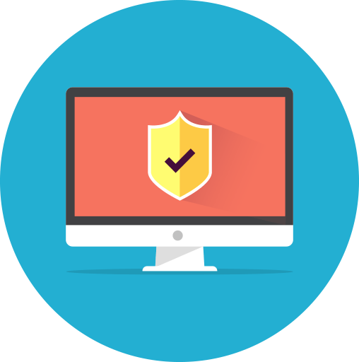 Computer monitor with a shield icon, symbolizing cybersecurity, against a blue background.