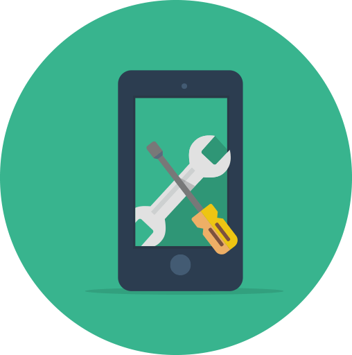 Smartphone with wrench and screwdriver icon, green circle background.