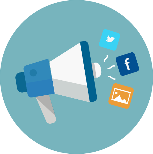 Blue and white megaphone with social media icons emitting from it.