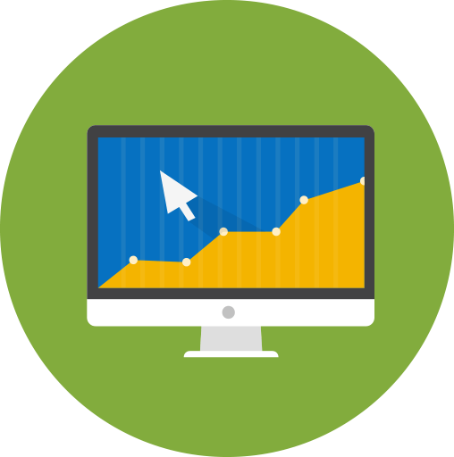 Computer monitor displaying a rising trend graph, with a cursor, set against a green background.