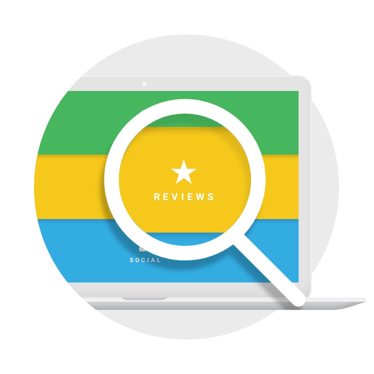 Laptop screen with Gabon flag under a magnifying glass, reading 