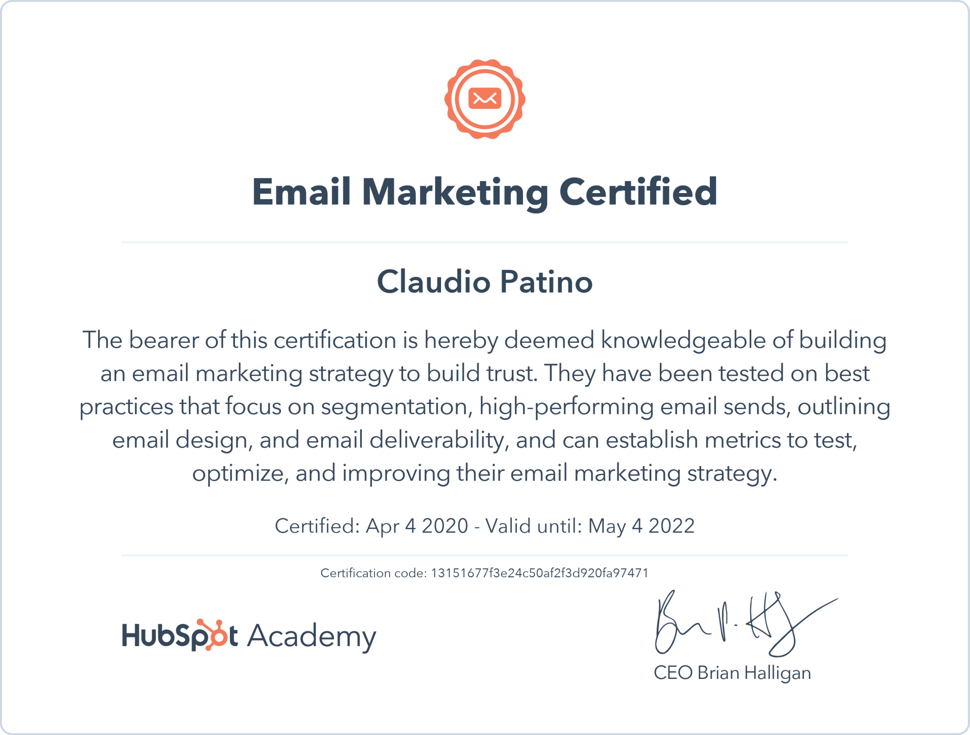 Un certificado que diga marketing por correo electrónico certificado.