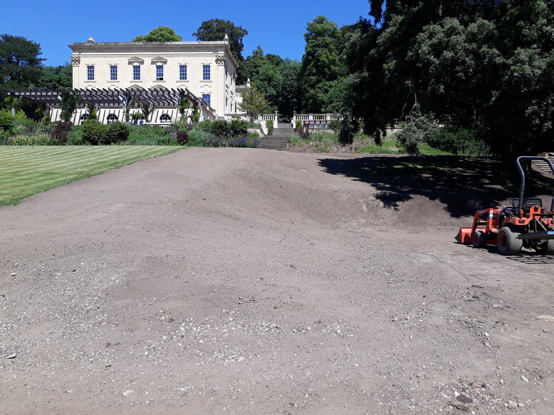 Lawn prepared for Manor House before premium turf relaid.