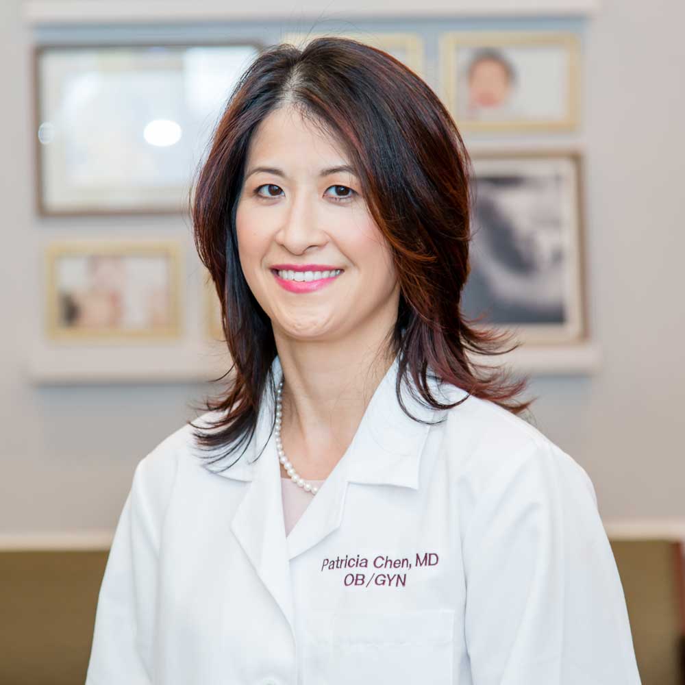 Dr. Patricia Chen, OB/GYN, smiles in a white coat, pearl necklace. Photos hang on the wall.