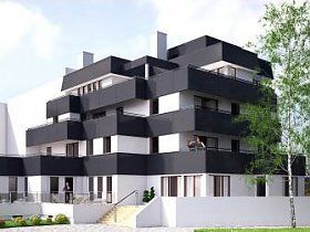 Eine künstlerische Darstellung eines schwarz-weißen Wohnhauses.