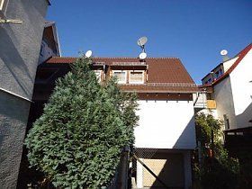 Ein Haus mit Satellitenschüsseln auf dem Dach ist von Bäumen umgeben.