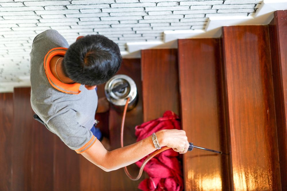 Pest Expert Spraying Pesticide in the Steps — Brett Edwards Pest Services in North Arm Cove, NSW