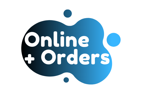 Online + Orders text in white over blue gradient blob with surrounding blue circles.
