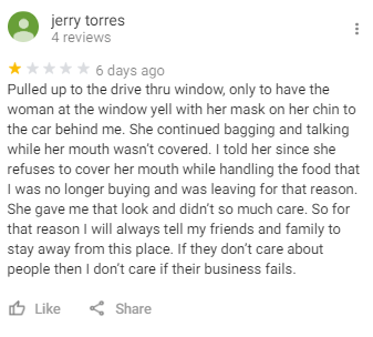 Review of a drive-thru experience: worker with mask down yelled at customer. Customer left due to food safety concerns.