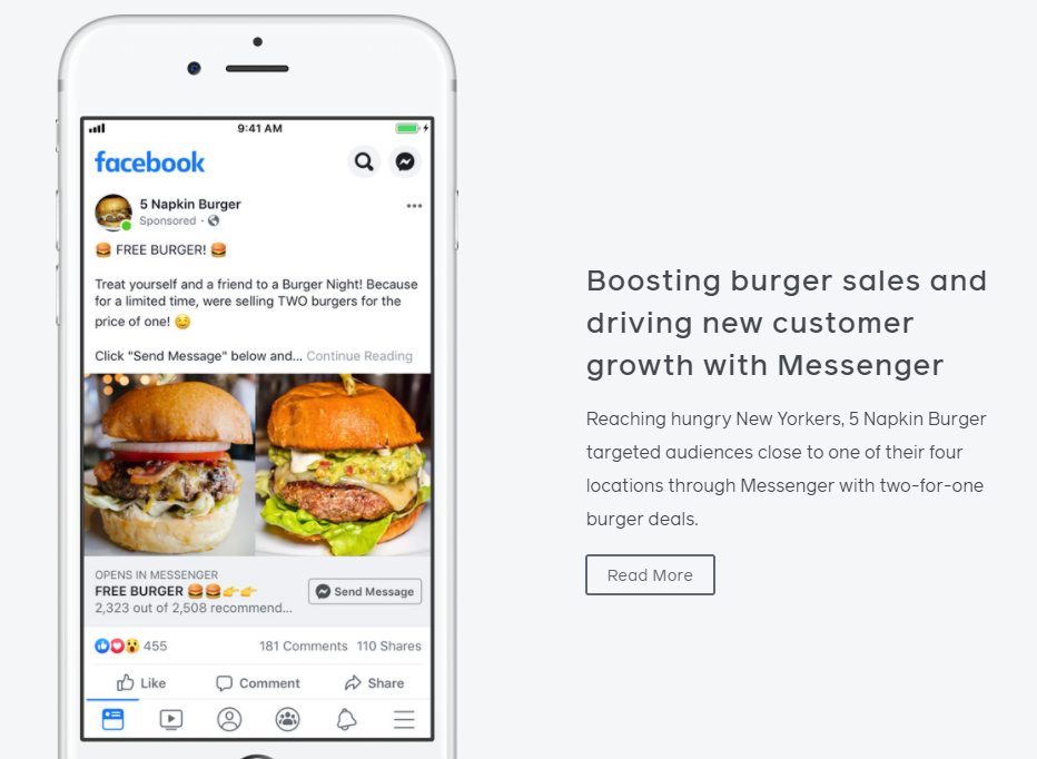 Facebook ad showcasing 5 Napkin Burger. Promoting burger deals and driving customer growth via Messenger.