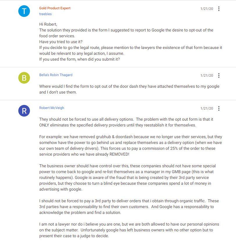 A series of email replies discussing Google's actions regarding food delivery services and related issues.