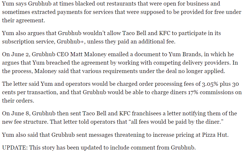 Text excerpt detailing a dispute between Yum Brands and Grubhub over fees and service restrictions.
