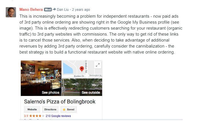 Text comment about 3rd party online ordering on Google Business profile, with restaurant screenshot.
