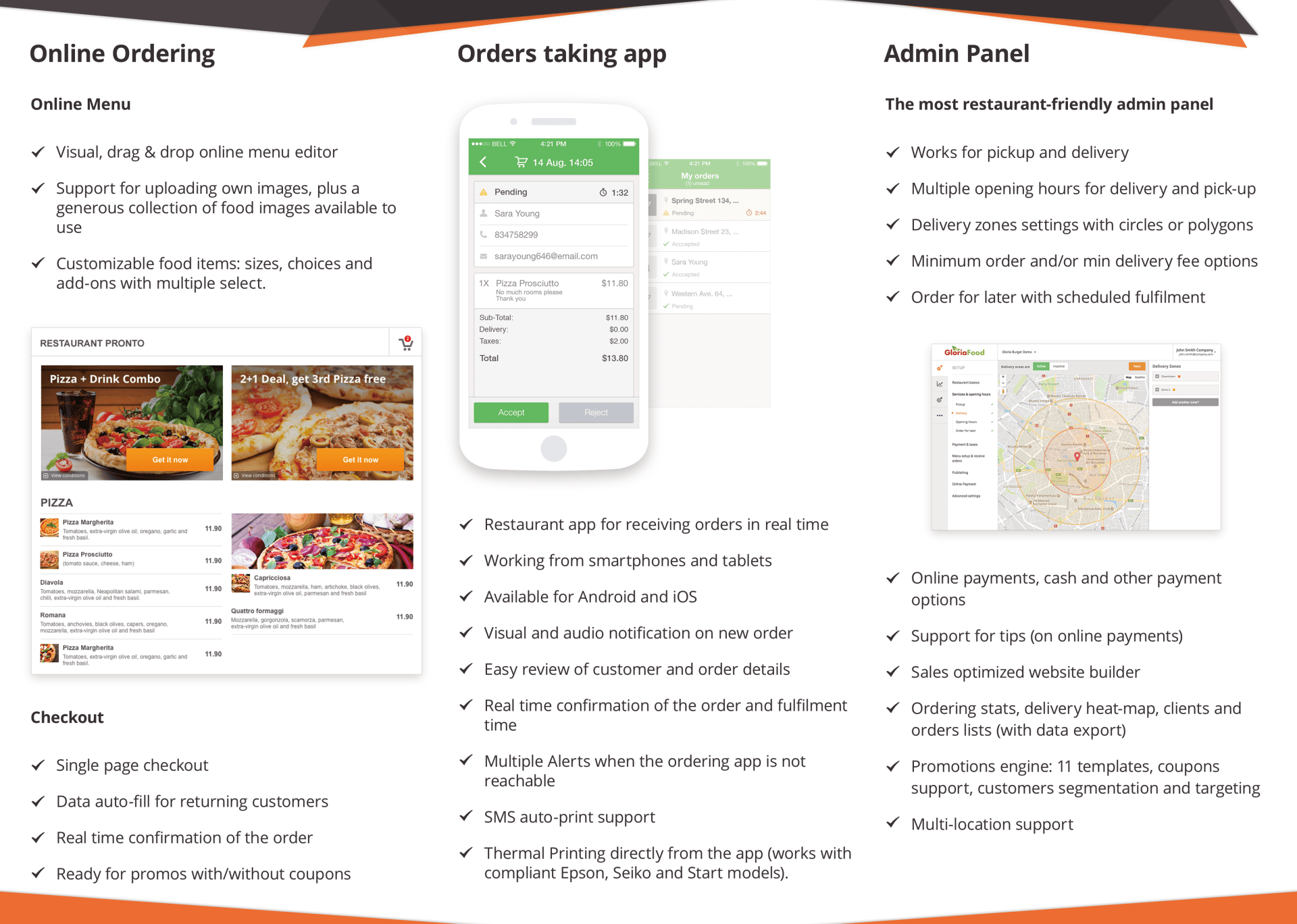 Brochure showcasing online ordering, orders taking app, and admin panel features.