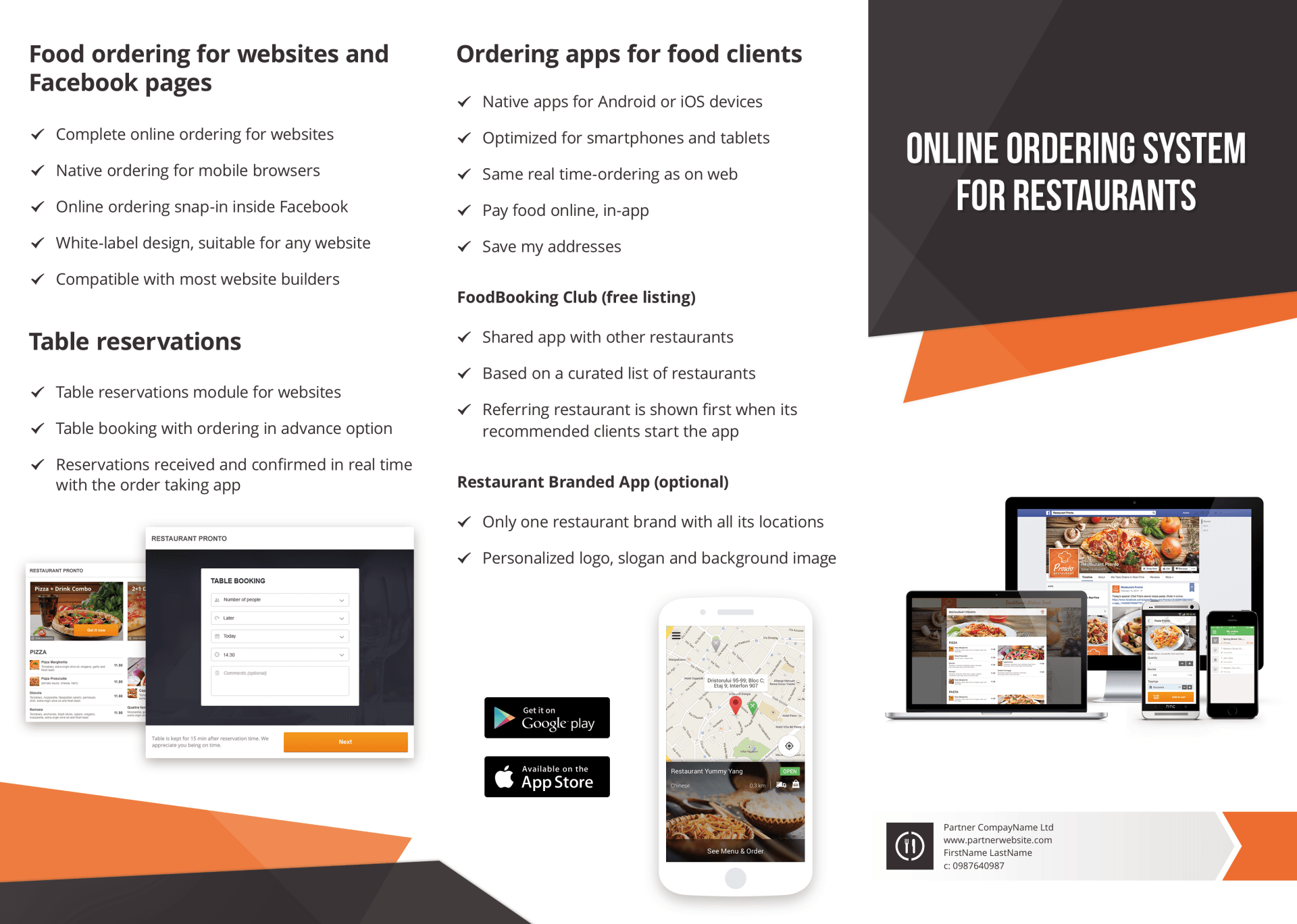 Brochure for an online ordering system. Includes website, phone, and tablet interfaces.