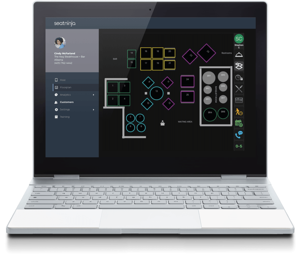 Laptop with seating chart software open. Dark sidebar and colorful table shapes on a white background.