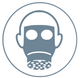 Gasmaskensymbol, grau auf weiß, in einem blauen Kreis, warnt vor einer Gefahr.