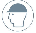 Person mit Schutzhelm in einem Kreis; Sicherheitssymbol.
