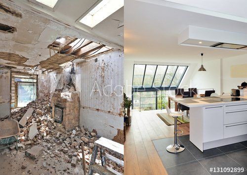 Vorher-Nachher einer Zimmerrenovierung: links zerstörtes Interieur, rechts moderne Küche mit Oberlichtern und Glastüren.